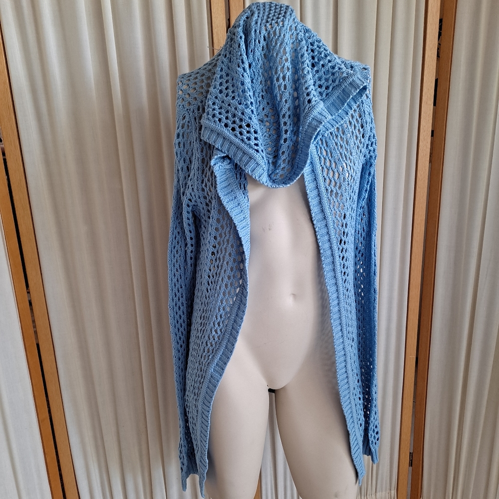 By design placid blue mesh cardigan with hood, medium